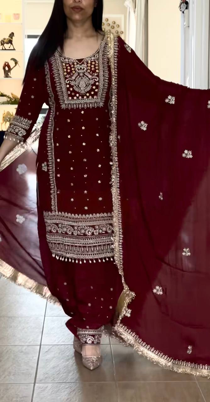 Deep Crimson Pearl-Trimmed Suit